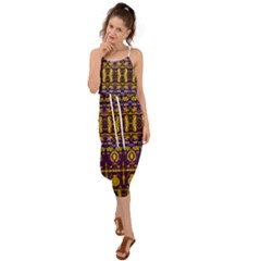 Fancy Ornate Pattern Mosaic Print Waist Tie Cover Up Chiffon Dress