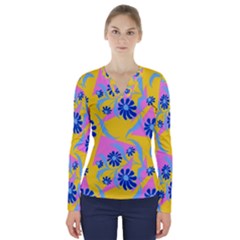 Folk Floral Pattern  Abstract Flowers Print  Seamless Pattern V-neck Long Sleeve Top by Eskimos