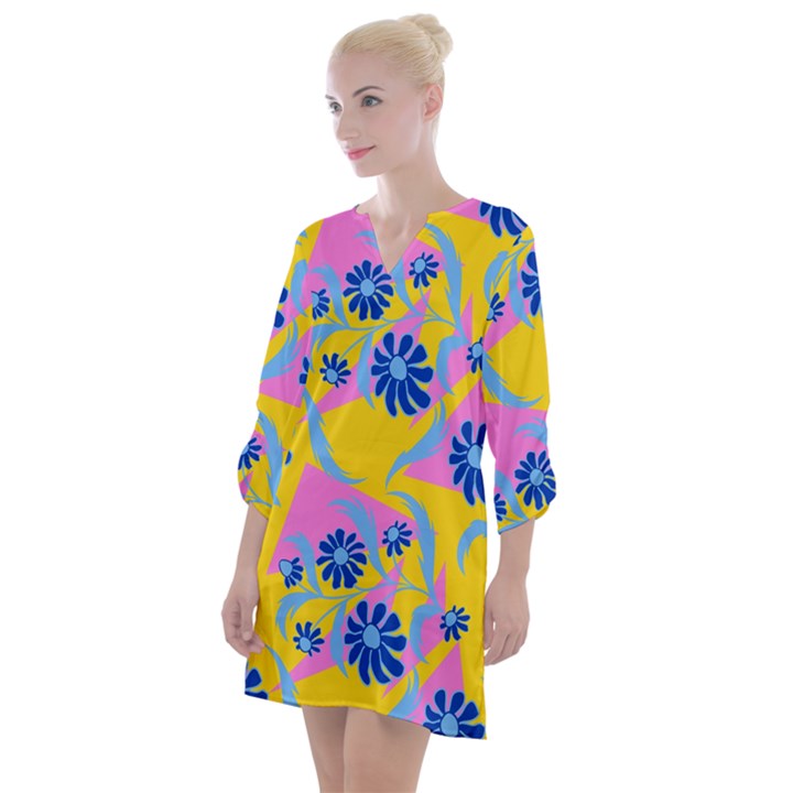 Folk floral pattern. Abstract flowers print. seamless pattern Open Neck Shift Dress