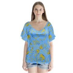 Folk Floral Pattern  Abstract Flowers Print  Seamless Pattern V-neck Flutter Sleeve Top by Eskimos