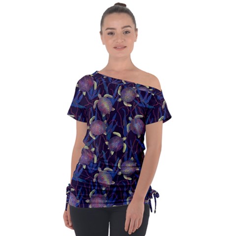 Turtles Swim In The Water Among The Plants Off Shoulder Tie-up Tee by SychEva