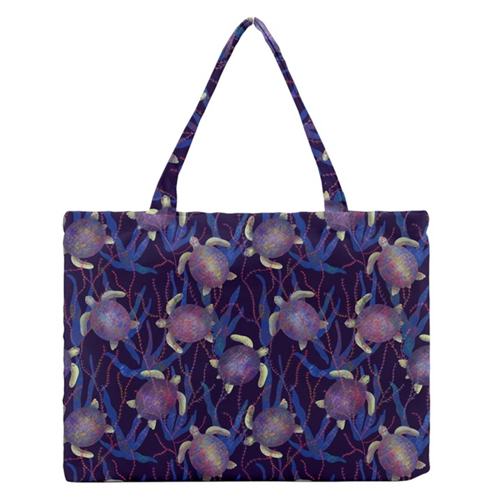 Turtles Swim In The Water Among The Plants Zipper Medium Tote Bag