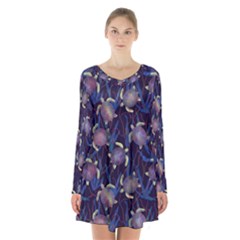 Turtles Swim In The Water Among The Plants Long Sleeve Velvet V-neck Dress by SychEva