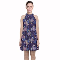 Turtles Swim In The Water Among The Plants Velvet Halter Neckline Dress  by SychEva