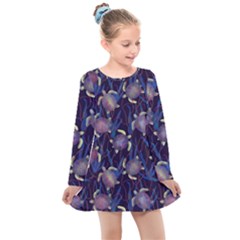 Turtles Swim In The Water Among The Plants Kids  Long Sleeve Dress by SychEva