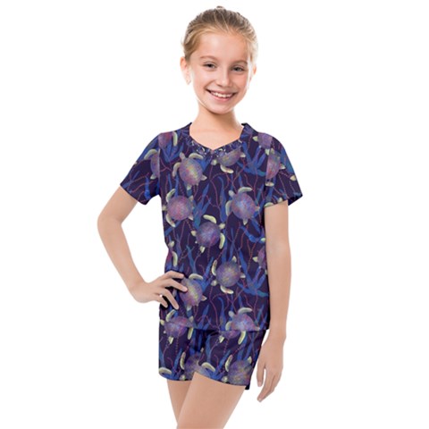 Turtles Swim In The Water Among The Plants Kids  Mesh Tee And Shorts Set by SychEva