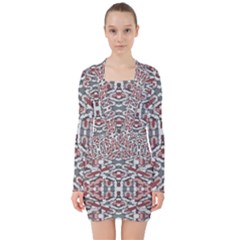 Multicolored Intricate Geometric Pattern V-neck Bodycon Long Sleeve Dress by dflcprintsclothing