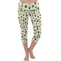 Pattern Silhoutte Paw On Yellow Capri Yoga Leggings by JustToWear