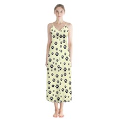 Pattern Silhoutte Paw On Yellow Button Up Chiffon Maxi Dress by JustToWear