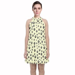 Pattern Silhoutte Paw On Yellow Velvet Halter Neckline Dress  by JustToWear