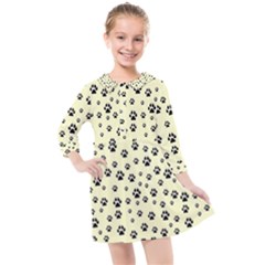 Pattern Silhoutte Paw On Yellow Kids  Quarter Sleeve Shirt Dress by JustToWear