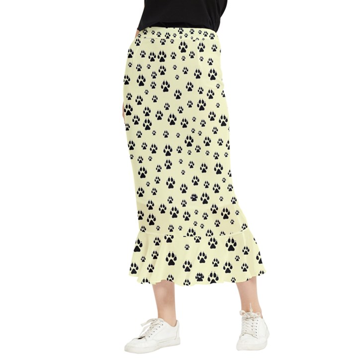 Pattern Silhoutte Paw On Yellow Maxi Fishtail Chiffon Skirt