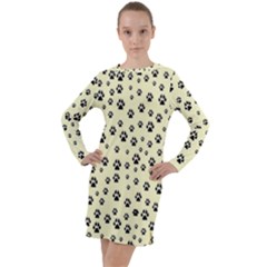 Pattern Silhoutte Paw On Yellow Long Sleeve Hoodie Dress