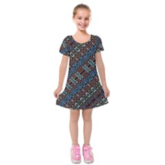 Multicolored Mosaic Print Pattern Kids  Short Sleeve Velvet Dress