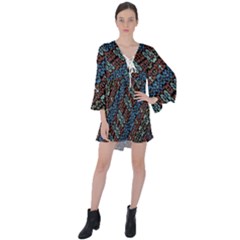 Multicolored Mosaic Print Pattern V-neck Flare Sleeve Mini Dress by dflcprintsclothing