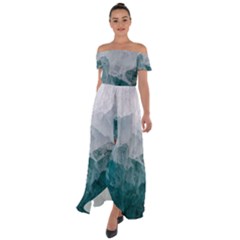 Green Blue Sea Off Shoulder Open Front Chiffon Dress by goljakoff