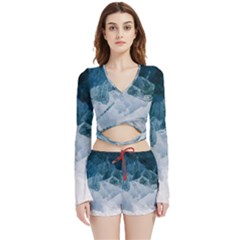 Blue Sea Waves Velvet Wrap Crop Top And Shorts Set by goljakoff