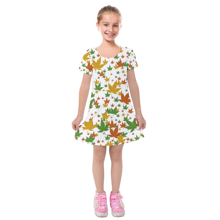 Leafs on white Kids  Short Sleeve Velvet Dress