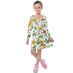 Leafs On White Kids  Long Sleeve Velvet Dress