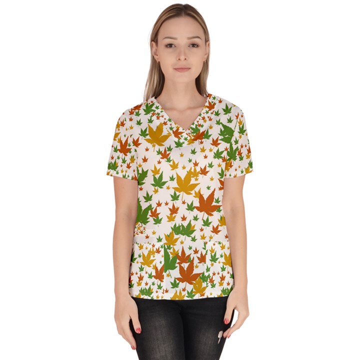 Leafs on white Women s V-Neck Scrub Top