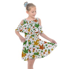 Leafs On White Kids  Shoulder Cutout Chiffon Dress