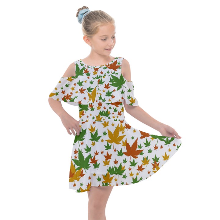 Leafs on white Kids  Shoulder Cutout Chiffon Dress