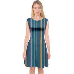 Multicolored Stripes On Blue Capsleeve Midi Dress by SychEva