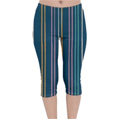 Multicolored Stripes On Blue Velvet Capri Leggings  by SychEva