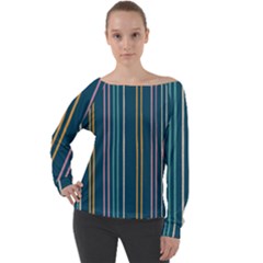 Multicolored Stripes On Blue Off Shoulder Long Sleeve Velour Top by SychEva