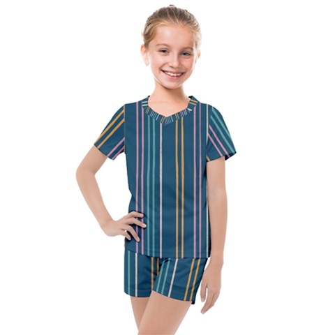 Multicolored Stripes On Blue Kids  Mesh Tee And Shorts Set by SychEva