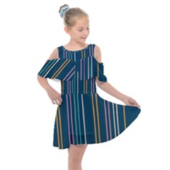 Multicolored Stripes On Blue Kids  Shoulder Cutout Chiffon Dress by SychEva