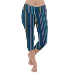 Multicolored Stripes On Blue Lightweight Velour Capri Yoga Leggings by SychEva