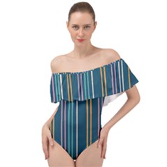 Multicolored Stripes On Blue Off Shoulder Velour Bodysuit  by SychEva