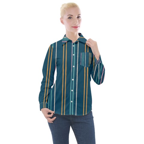 Multicolored Stripes On Blue Women s Long Sleeve Pocket Shirt by SychEva