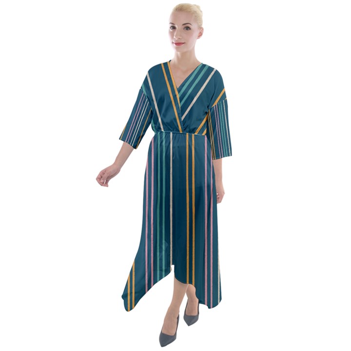 Multicolored Stripes On Blue Quarter Sleeve Wrap Front Maxi Dress