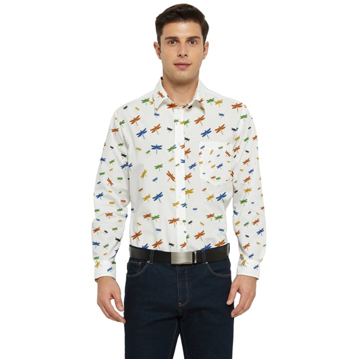 Dragonfly On White Men s Long Sleeve Pocket Shirt 