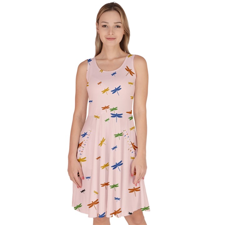 Dragonfly On Pink Knee Length Skater Dress With Pockets