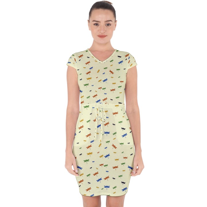 Dragonfly On Yellow Capsleeve Drawstring Dress 