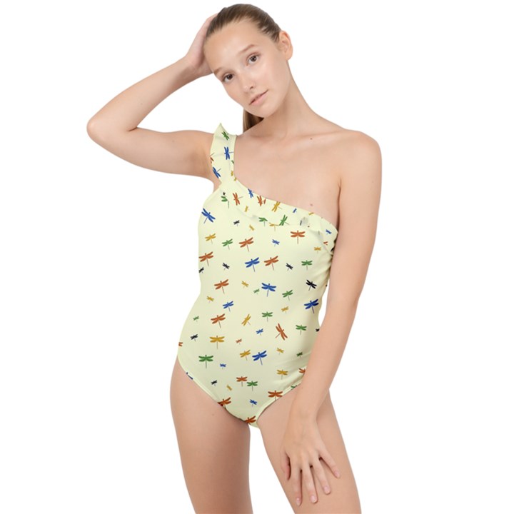 Dragonfly On Yellow Frilly One Shoulder Swimsuit