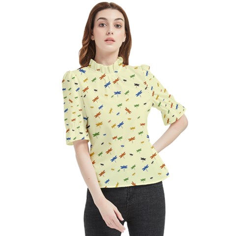 Dragonfly On Yellow Frill Neck Blouse by JustToWear