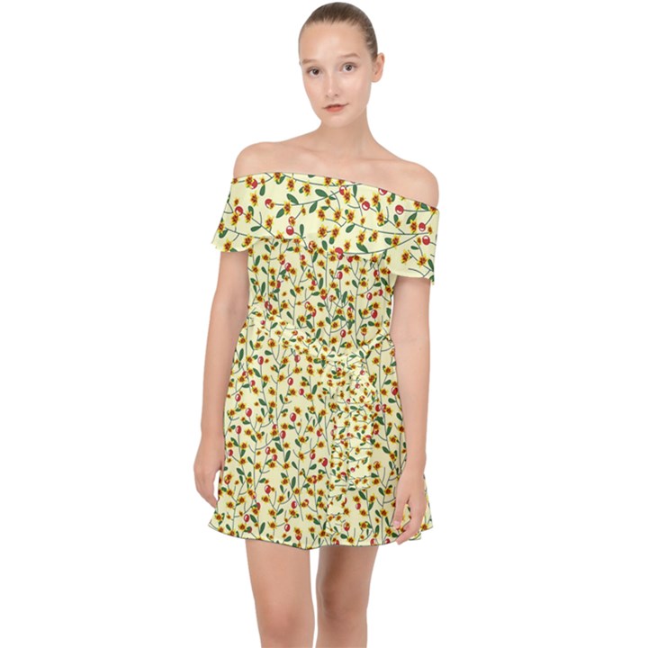 Pattern lonely flower on yellow Off Shoulder Chiffon Dress