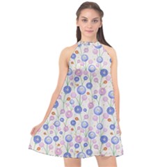 Watercolor Dandelions Halter Neckline Chiffon Dress  by SychEva