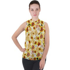 Lonely Flower Populated Mock Neck Chiffon Sleeveless Top by JustToWear