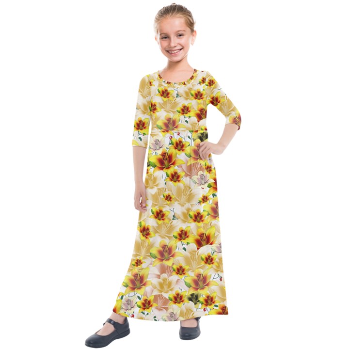 Lonely flower populated Kids  Quarter Sleeve Maxi Dress