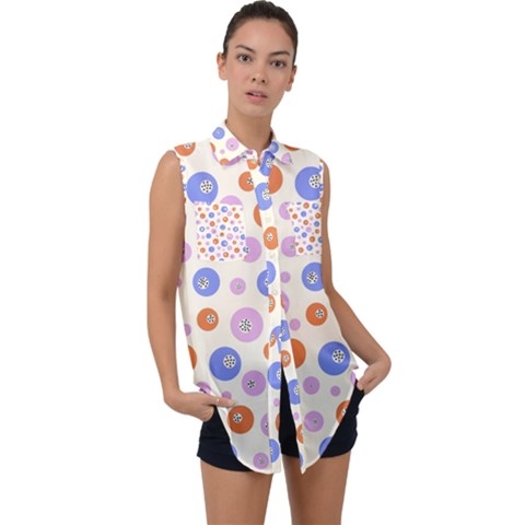 Multicolored Circles Sleeveless Chiffon Button Shirt by SychEva