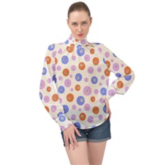 Multicolored Circles High Neck Long Sleeve Chiffon Top by SychEva