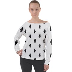 Vampire Hand Motif Graphic Print Pattern Off Shoulder Long Sleeve Velour Top