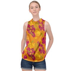 Folk Floral Pattern  Abstract Flowers Print  Seamless Pattern High Neck Satin Top by Eskimos