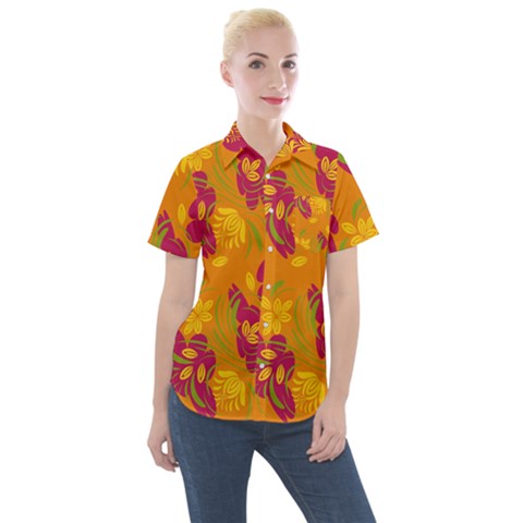 Folk Floral Pattern  Abstract Flowers Print  Seamless Pattern Women s Short Sleeve Pocket Shirt by Eskimos