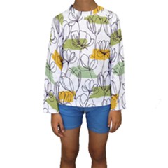 Flower Line Art Color Seamless Pattern Kids  Long Sleeve Swimwear